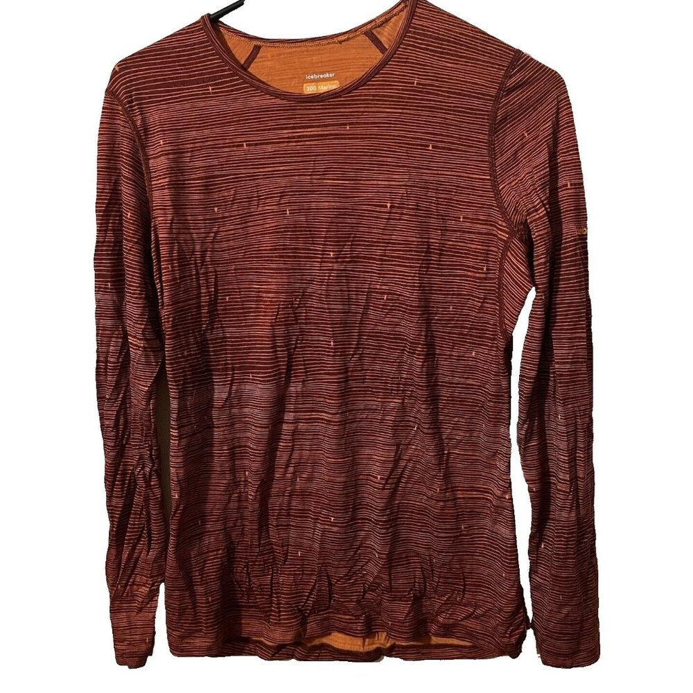 Icebreaker 200 Merino Small Long Sleeve Crew Neck Burgundy Orange Striped Shirt